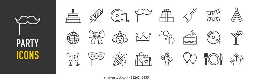 Party web icons in line style. Birthday, dancing, happy new year, week, christmas, event, holidays, carnival, collection. Vector illustration.