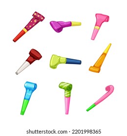 Party Whistle Set Cartoon. Birthday Horn, Celebration Blower, Carnival Holiday, Fun Festival, Noisemaker Party Whistle Vector Illustration