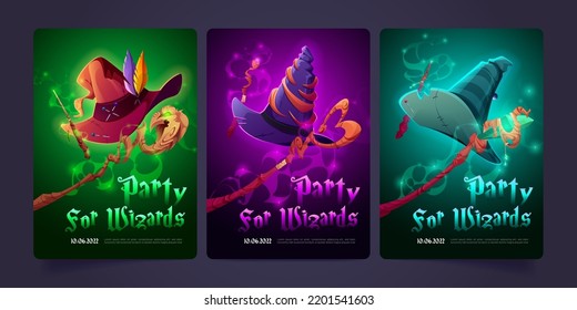 Party for wizards cartoon invitation flyers with witch hats, glowing wands and staffs. Halloween poster templates for magician event celebration, costume party for sorcerers and mages vector banners