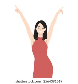 Party Woman Character with Raised Hand Cheering. Flat vector Character Illustration