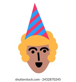 Party Woman face front view in cone cap placed on head, birthday symbol. Simple style of festive woman in cone cap for children entertainment center. Color stroke icon isolated on white background