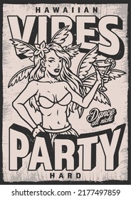 Party woman vintage posterer monochrome Hawaiian beauty in bikini drinks cocktail standing under palm invites to night dances vector illustration