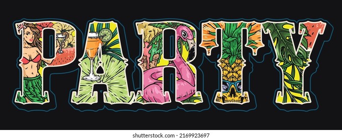 Party word element colorful vintage symbols of beach holiday and trip to tropical island resort inside letters vector illustration
