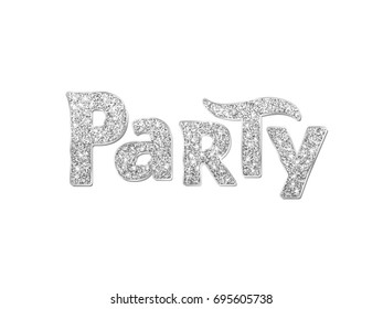 Party word, glitter banner with typography. Silver sparkles on white background, vector dust. Great for Christmas and New Year, birthday and wedding party invitations, club posters.