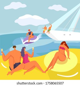 Party At Yacht, People In Cruise Vector Illustration. Luxury Lifestyle, Man Woman Character On Boat At Cartoon Sea Adventure. Beautiful Vacation At Water Transport, Happy Leisure On Sail Sunny Nature.