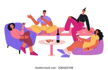 Women’s party. Young joyful happy women resting and drinking wine at party. Friends having fun at leisure. Feminism concept. Colorful vector illustration in flat style isolated on white background