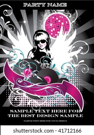 Party-flyer with girl-dj. Vector illustration.