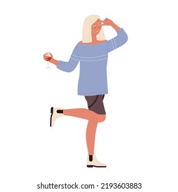 Partygoer girl with wine glass. Female dancer, having fun party time vector illustration