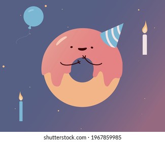 Partying donut in a hat. Happy birthday