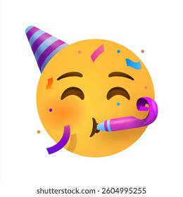 Partying emoji. Emoticon with party horn and hat, vector 10 eps.