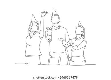 Los empleados de la fiesta levantan la mano. Concepto de Office parties dibujo de una línea