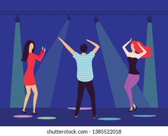 Partying man and woman vector, people in club dancing with loud music, spotlights and lights on stage, clubbers relaxing in nightclub active dancers
