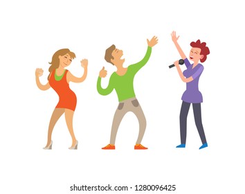 Partying people dancing couple and female singer vector. Clubbing lady and male, boyfriend and girlfriend dancers, singing woman with microphone mic