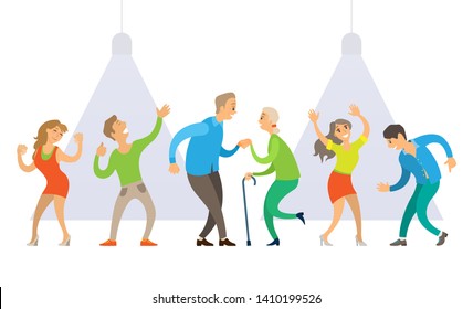 Partying people vector, senior old couple with wooden stick dancing, young male and female on performance, man and woman on stage with spotlights