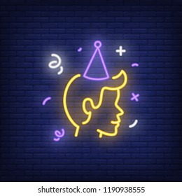 Partying person neon sign. Luminous signboard with man in party hat. Night bright advertisement. Vector illustration in neon style for birthday, celebration, event