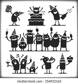 Partying vector characters, singing drinking and eating. Eyes, legs, ears, ground plane and all other objects are separate paths.