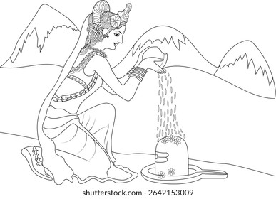 Parvati Mata Worshiping Shiva Lingam Line Art, Line art illustration depicting the Hindu goddess Parvati Mata performing a ritualistic offering (Abhishek) upon a Shiva Lingam, set against a backdrop