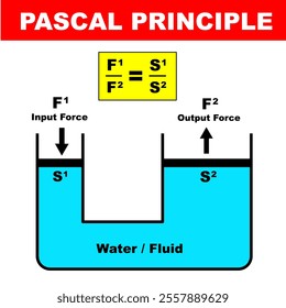 Pascal Principle or Pascal Law hydraulic mechanism vector illustration. physics education graphic clip art with explanation element. Basic hysics illustration of water or liquid pressure theory