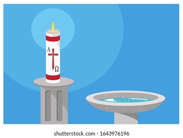 A Paschal Candle beside a baptismal font. Editable Clip art 