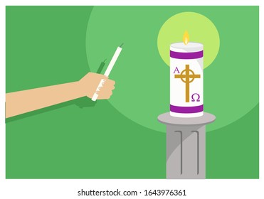 A Paschal Candle beside a baptismal font. Editable Clip art 