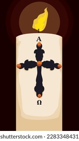 Paschal candle decorated with cross, grains and religious symbols, glowing on dark background. Cartoon style design.