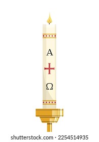 Paschal candle for Easter vigil of Holy Week above golden candlestick