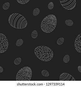 Paschal Easter eggs raw decorated. Vector illustration black and white isolated seamless pattern on black background in a doodle style