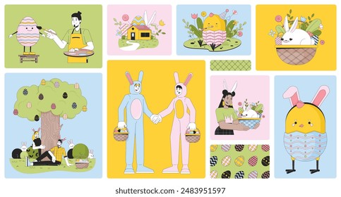 Paschal Eastertime celebrating bento grid illustration set. Painting eastereggs 2D vector image collage design graphics collection. Easter bunny costume diverse adults flat characters moodboard layout