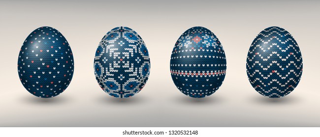 Paschal eggs decorated with northen blue knitting patterns
