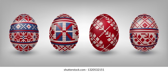 Paschal eggs decorated with red northen knitting patterns