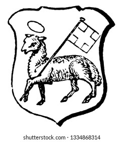 Paschal Lamb haben ein Banner mit Kreuz, Vintage-Linie Zeichnung oder Gravitation Illustration geladen.