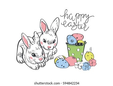 Paschal lapin. Happy Easter. Rabbit hare bunny and eggs. Hanging painted eggs.Greeting card with cony.Wicker basket with eggs. Vector illustration