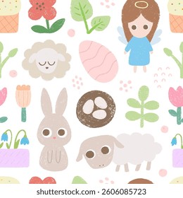 Paschal seamless pattern with Easter bunny, egg, cake, sheep, angel
