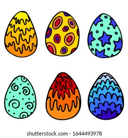 Paschal sticker set on white isolated backdrop. Painted easter eggs for invitation or gift card, notebook, bath tile, scrapbook. Phone case or cloth print art. Cartoon style stock vector illustration