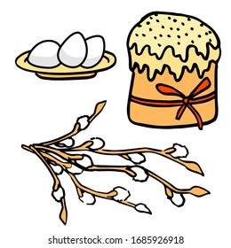 Paschal sticker set on white isolated backdrop. Easter cake and eggs for invitation or gift card, notebook, bath tile, scrapbook. Phone case or cloth print art. Cartoon style stock vector illustration