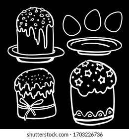 Paschal sticker set on white isolated backdrop. Easter sweet bread for invitation or gift card, notebook, bath tile, scrapbook. Phone case or cloth print art. Drawn style stock vector illustration