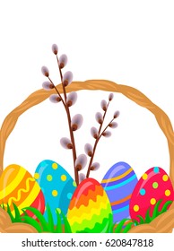 Paschal wattled basket fragment. Wicker basket with pussy willow brunch and bright painted easter eggs on green grass vector