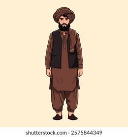 Pashtun 2D Cartoon Character Traditional, Unique Design, Vibrant Colors, Cultural Representation