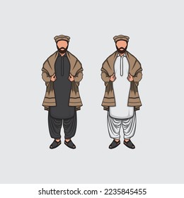 Pashtun afghan Traditional Dress pakol and shawl vector illustration 