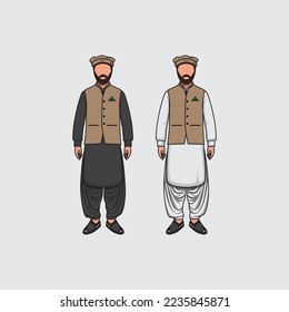 Pashtun afghan Traditional Dress pakol and west coat vector illustration 