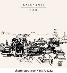 Pashupatinath temple in Kathmandu, Nepal, Asia. . Travel sketch. Hand drawn touristic postcard in vector