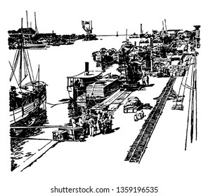 Pasig River is a river in the Philippines that connects Laguna de Bay to Manila Bay, vintage line drawing or engraving illustration.