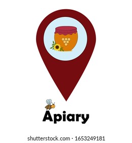 Pasika location pointer with a colorful illustration of a honey jar with bees and sunflowers, vector illustration