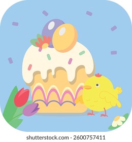 Paska, traditional easter bread, holiday celebration, Easter chicks, Happy Easter, Easter egg, spring holiday graphic illustration, cute decor, graphic design greeting card, flyer, spring flowers