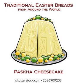 Paskha cheesecake is a traditional Russian Easter dessert made with tvorog (farmer's cheese), shaped like a truncated pyramid to symbolize the Holy Sepulchre.