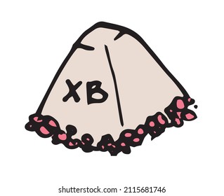 Paskha food icon. a doodle-style curd rhombus with a pink base and Christ is risen in letters on white with a black outline for a religious design template for Easter day