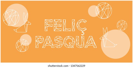 Feliç Pasqua - Happy Easter lettering, written in Catalan language, on yellow background. Flat vector illustration with bunnies for Easter design and decoration, cards, greetings, invitations, web.