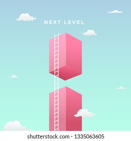 pass the challenge to reach the goal visual concept with minimalist art design. high giant wall towards the sky and tall ladder vector illustration.