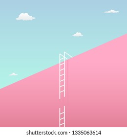 pass the challenge to reach the goal challenge visual concept with minimalist art design. high giant wall towards the sky and tall ladder cut in half vector illustration.