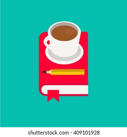 Pass exam, learned, studying from book. Book with ribbon, pencil, cup of coffe or tea